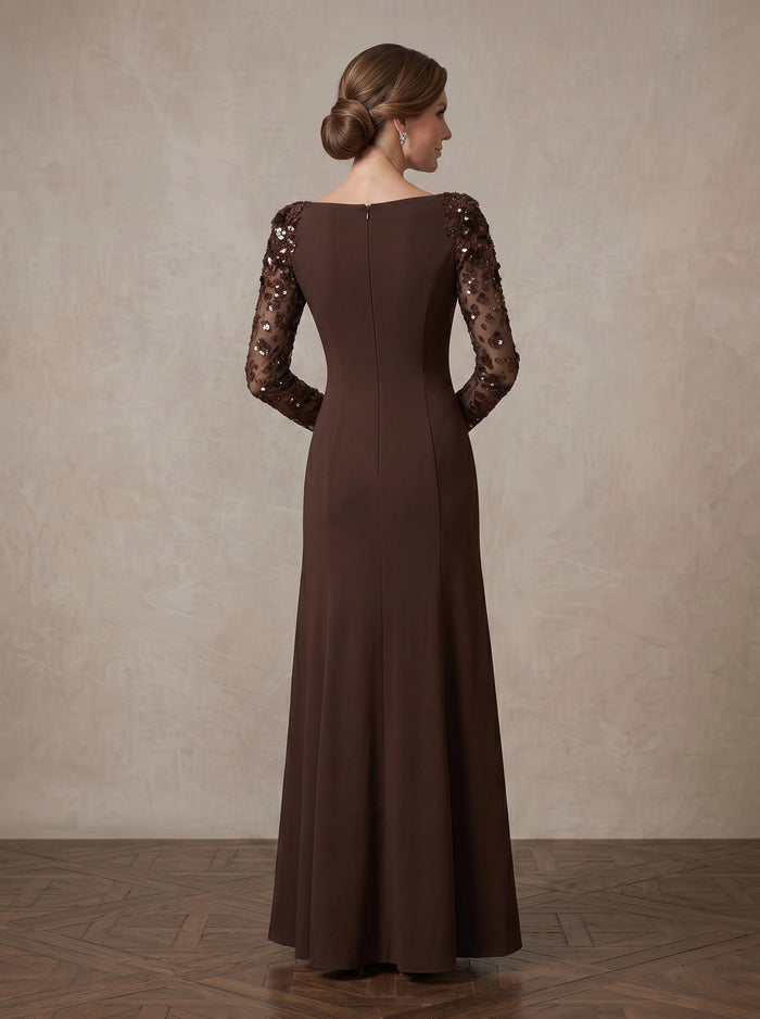 Jersey A-Line Boat Neck Maxi Mother of the Bride Dresses with 3D Sequin Floral Appliques