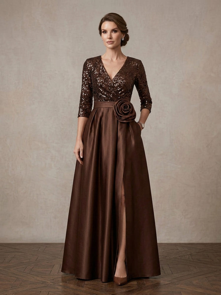 Satin A-Line V Neck Maxi Mother of the Bride Dresses with 3D Flowers