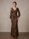 Mesh Mermaid V Neck Maxi Mother of the Bride Dresses with 3D Flower Appliques
