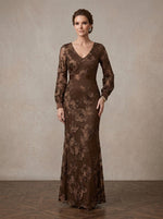 Mesh Mermaid V Neck Maxi Mother of the Bride Dresses with 3D Flower Appliques