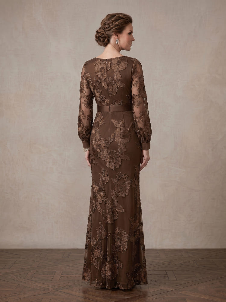 Mesh Mermaid V Neck Maxi Mother of the Bride Dresses with 3D Flower Appliques