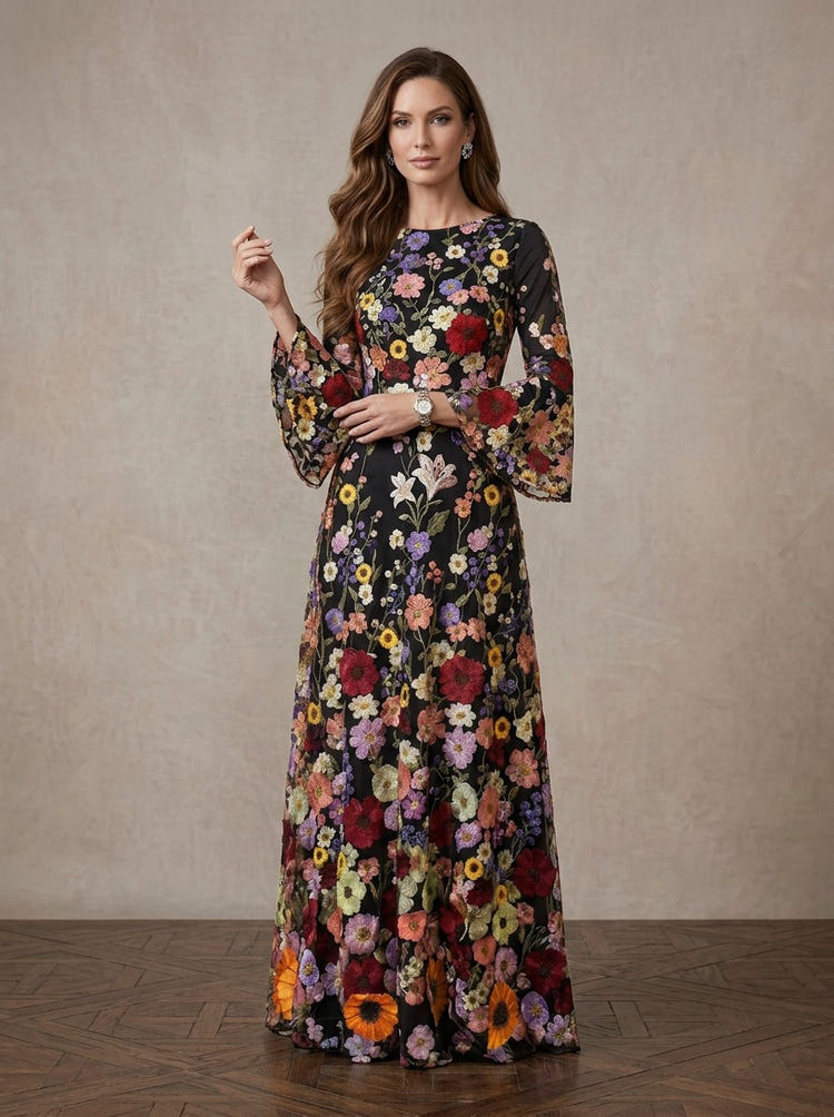3D Flower Lace A-Line Boat Neck Maxi Mother of the Bride Dresses with 3D Flower Appliques