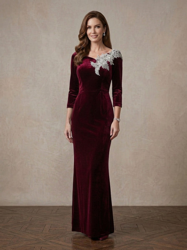 Long Elegant Velvet Mermaid Asymmetric Neck Mother of the Bride Dresses with Sequins Lace Appliques
