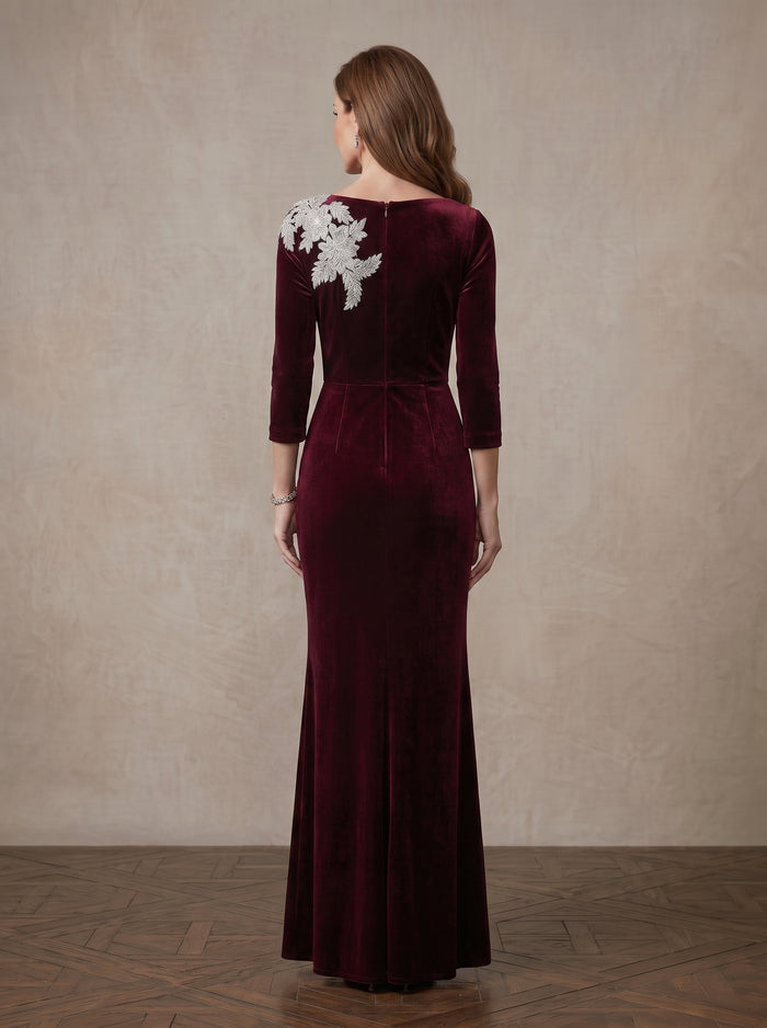 Long Elegant Velvet Mermaid Asymmetric Neck Mother of the Bride Dresses with Sequins Lace Appliques