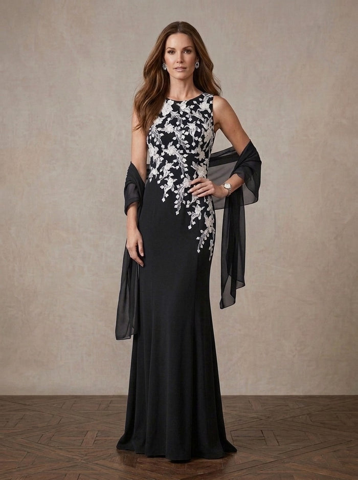 Chiffon Mermaid Crew Neck Maxi Mother of the Bride Dresses with Shawl