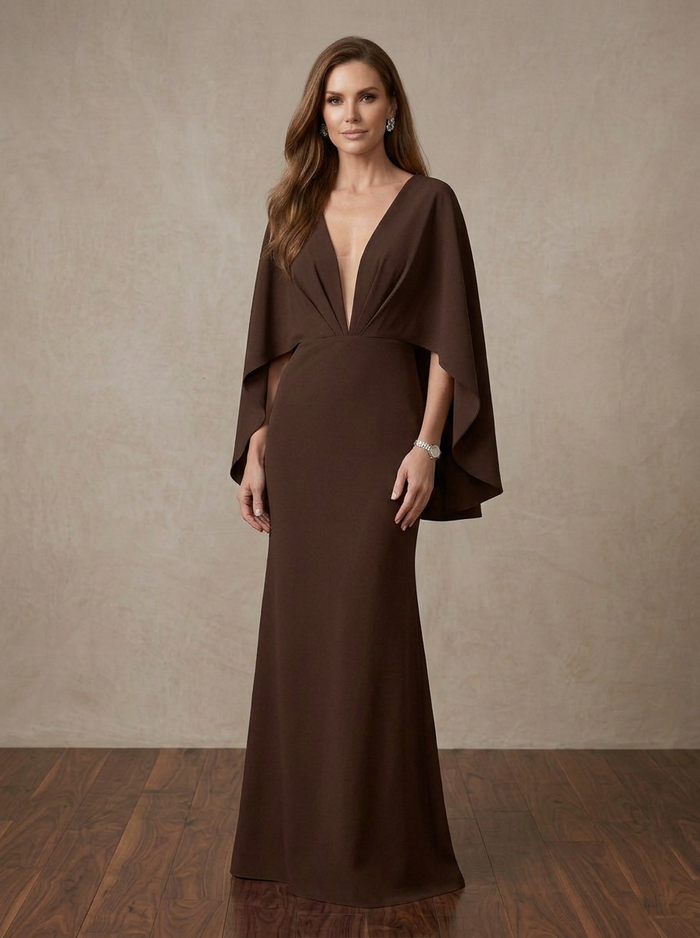 Classic Elegant Long V Neck Mermaid Maxi Mother of the Bride Dresses with Caps