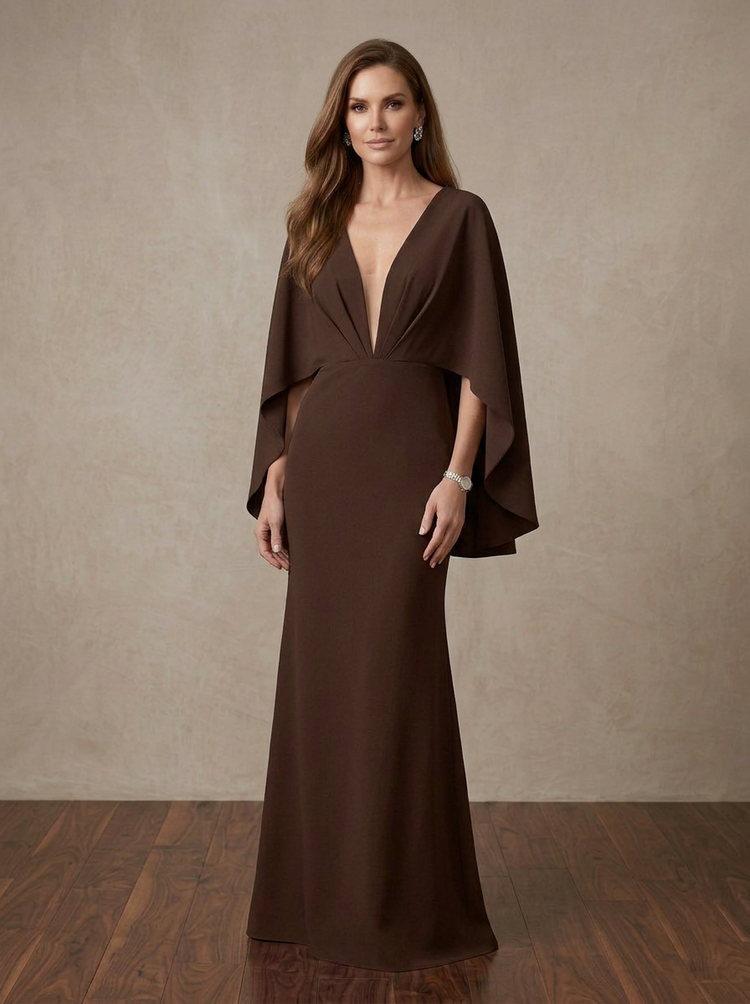 Classic Elegant Long V Neck Mermaid Maxi Mother of the Bride Dresses with Caps