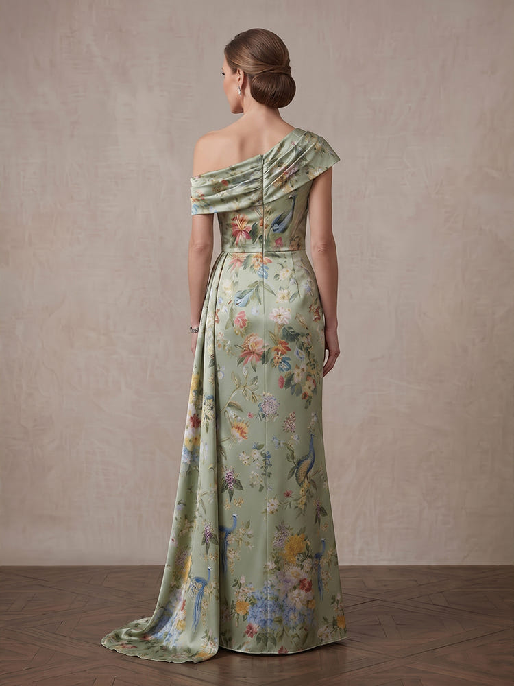 Satin Mermaid Off Shoulder Maxi Mother of the Bride Dresses with Floral Print