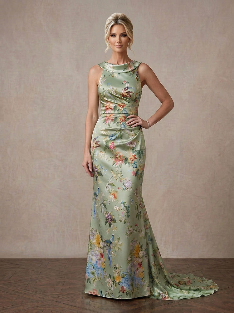 Satin Mermaid Crew Neck Maxi Mother of the Bride Dresses with Floral Print