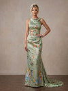 Satin Mermaid Crew Neck Maxi Mother of the Bride Dresses with Floral Print