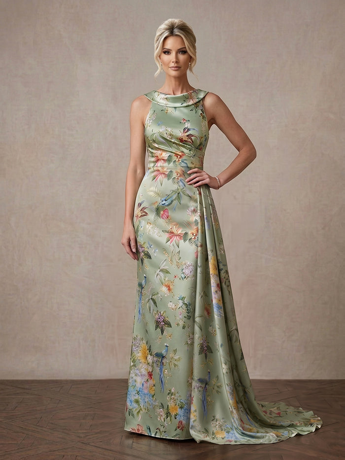 Satin Mermaid Crew Neck Maxi Mother of the Bride Dresses with Floral Print