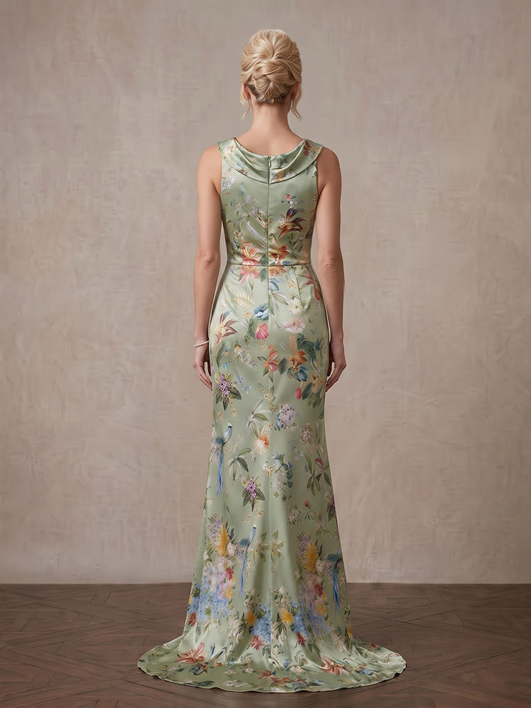 Satin Mermaid Crew Neck Maxi Mother of the Bride Dresses with Floral Print