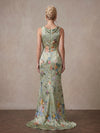 Satin Mermaid Crew Neck Maxi Mother of the Bride Dresses with Floral Print