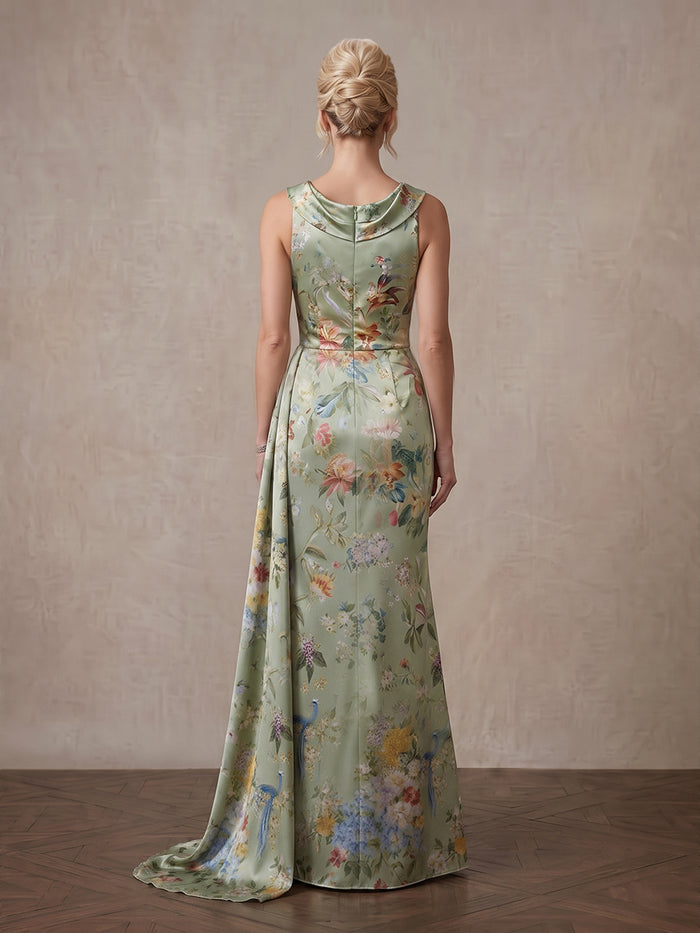 Satin Mermaid Crew Neck Maxi Mother of the Bride Dresses with Floral Print