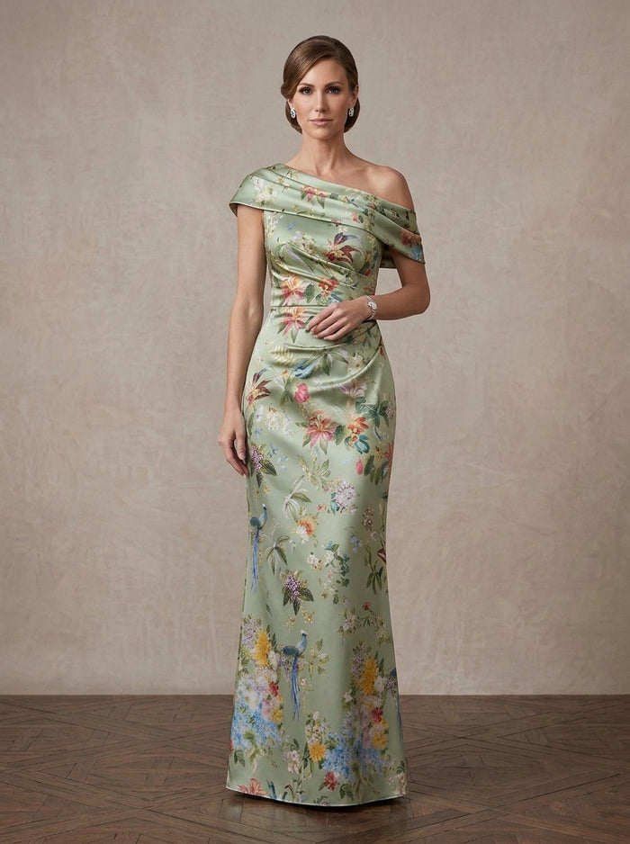 Satin Sheath One Shoulder Maxi Mother of the Bride Dresses with Floral Print