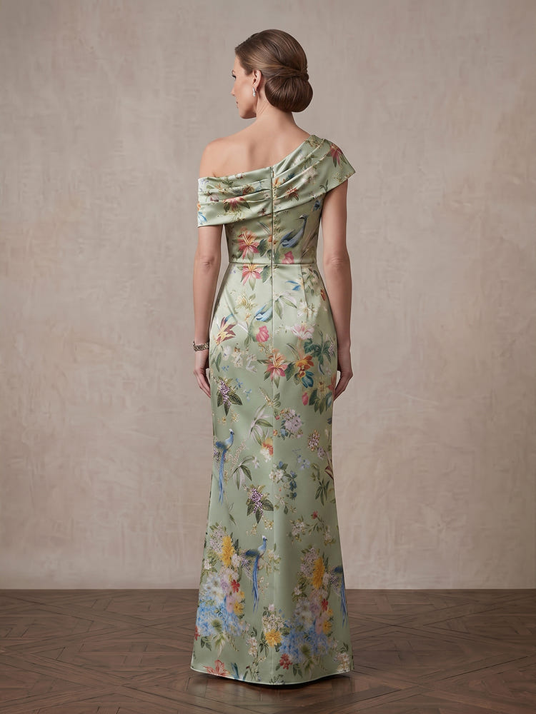 Satin Sheath One Shoulder Maxi Mother of the Bride Dresses with Floral Print