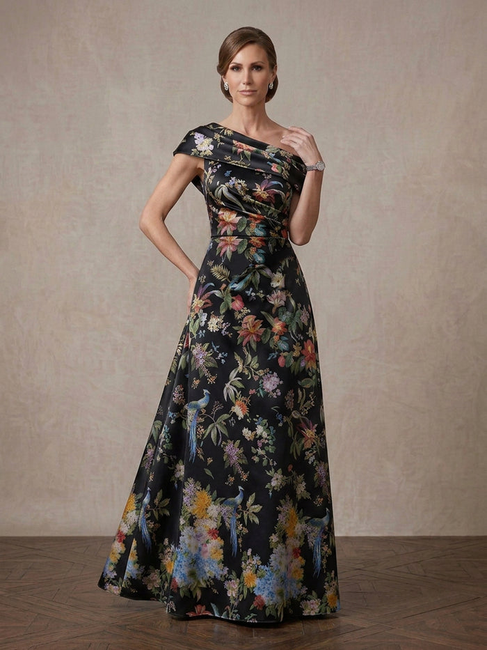 Satin A-Line One Shoulder Maxi Mother of the Bride Dresses with Floral Print