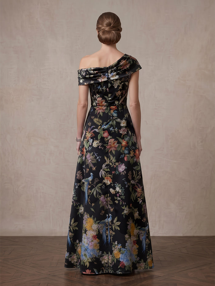 Satin A-Line One Shoulder Maxi Mother of the Bride Dresses with Floral Print