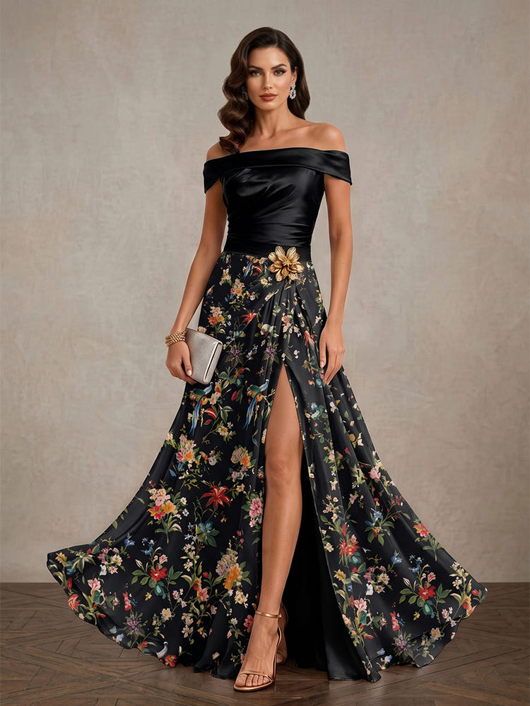 Chiffon A-Line Off Shoulder Maxi Mother of the Bride Dresses with Side Slit
