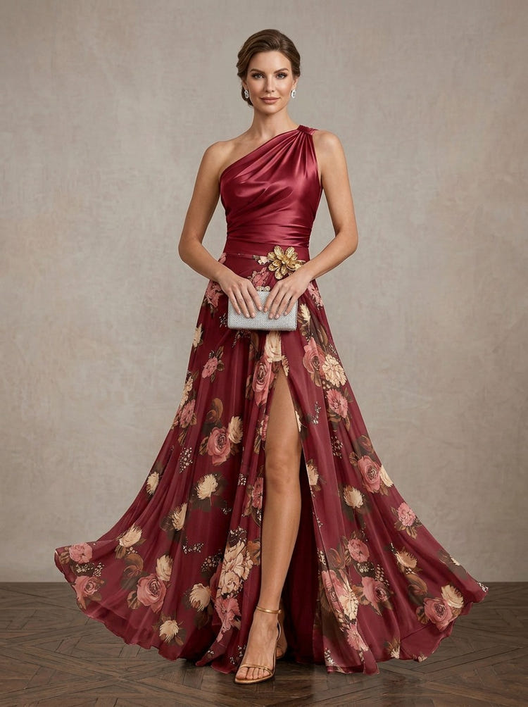 Chiffon A-Line One Shoulder Maxi Mother of the Bride Dresses with Ruched