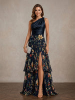 Chiffon A-Line One Shoulder Maxi Mother of the Bride Dresses with Floral Print