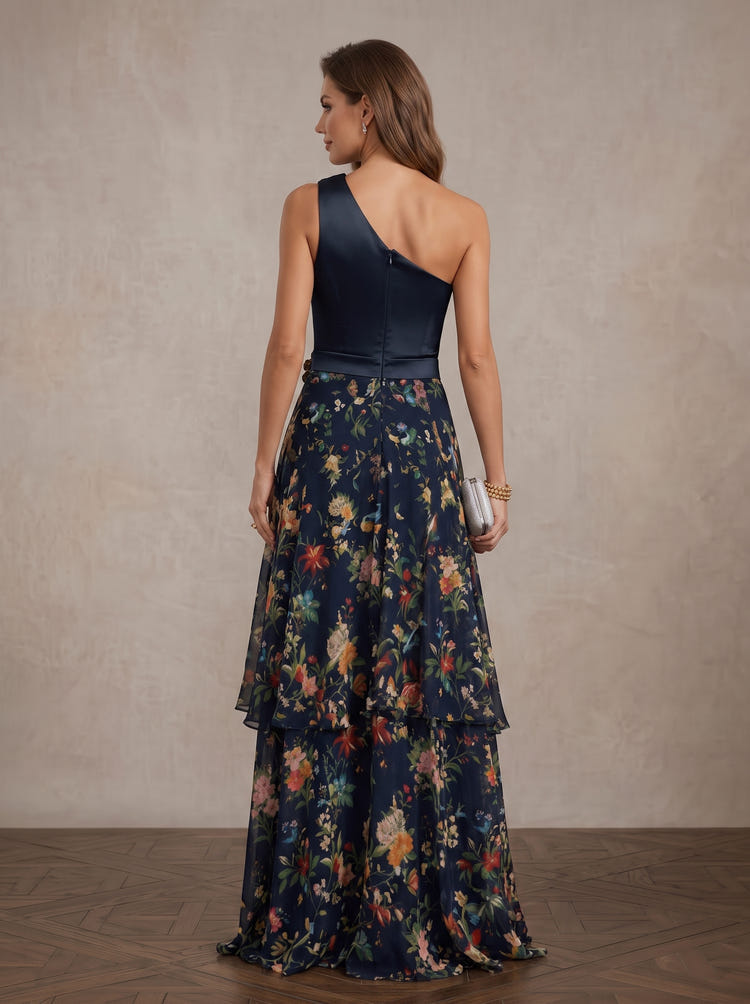 Chiffon A-Line One Shoulder Maxi Mother of the Bride Dresses with Floral Print