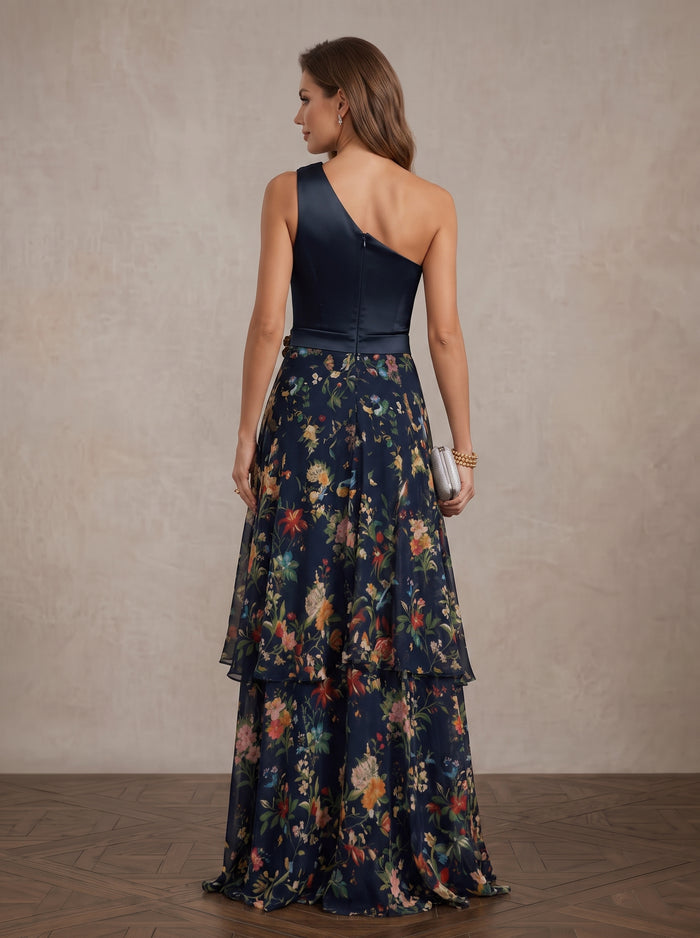 Chiffon A-Line One Shoulder Maxi Mother of the Bride Dresses with Floral Print