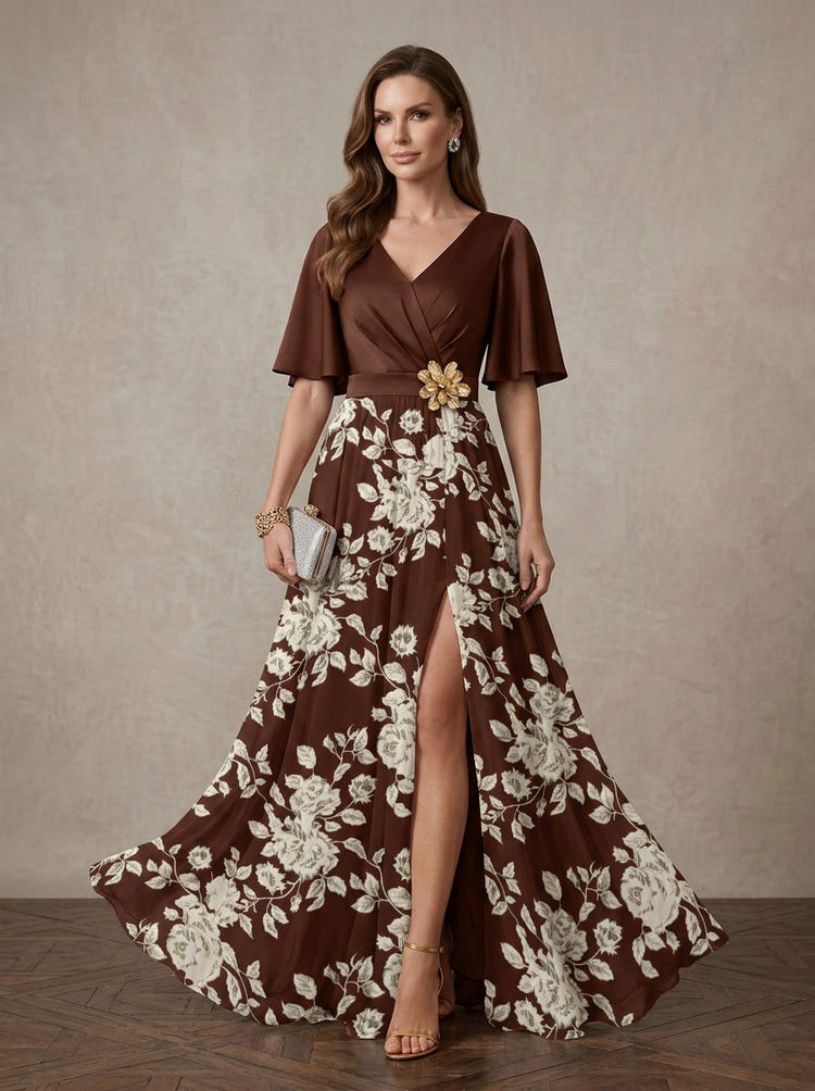 Chiffon A-Line V Neck Maxi Mother of the Bride Dresses with Floral Print