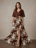 Chiffon A-Line V Neck Maxi Mother of the Bride Dresses with Floral Print