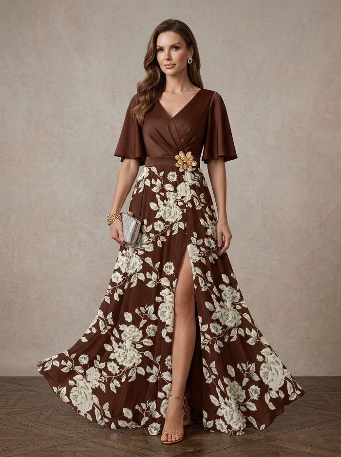 Chiffon A-Line V Neck Maxi Mother of the Bride Dresses with Floral Print