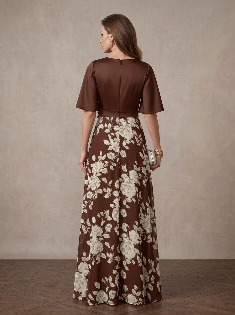 Chiffon A-Line V Neck Maxi Mother of the Bride Dresses with Floral Print