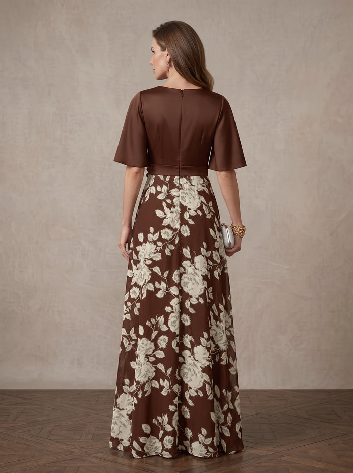 Chiffon A-Line V Neck Maxi Mother of the Bride Dresses with Floral Print