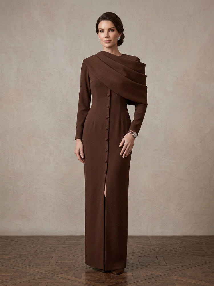 Jersey Sheath Asymmetric Neck Maxi Mother of the Bride Dresses with Front Button Details
