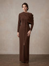 Jersey Sheath Asymmetric Neck Maxi Mother of the Bride Dresses with Front Button Details