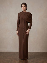 Jersey Sheath Asymmetric Neck Maxi Mother of the Bride Dresses with Front Button Details