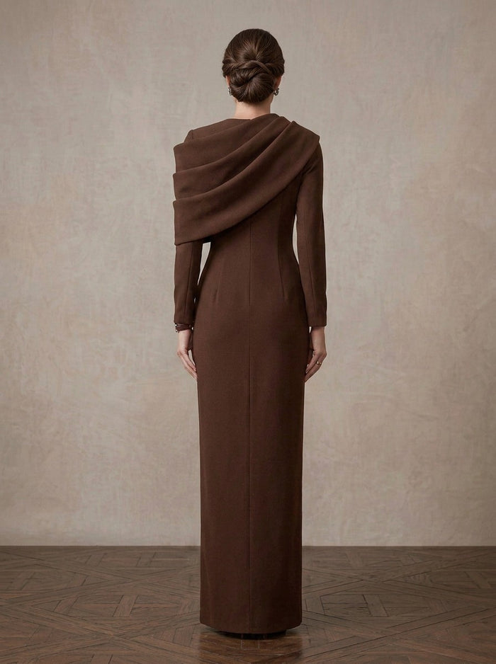 Jersey Sheath Asymmetric Neck Maxi Mother of the Bride Dresses with Front Button Details