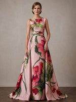 Satin A-Line Boat Neck Maxi Mother of the Bride Dresses with Floral Print