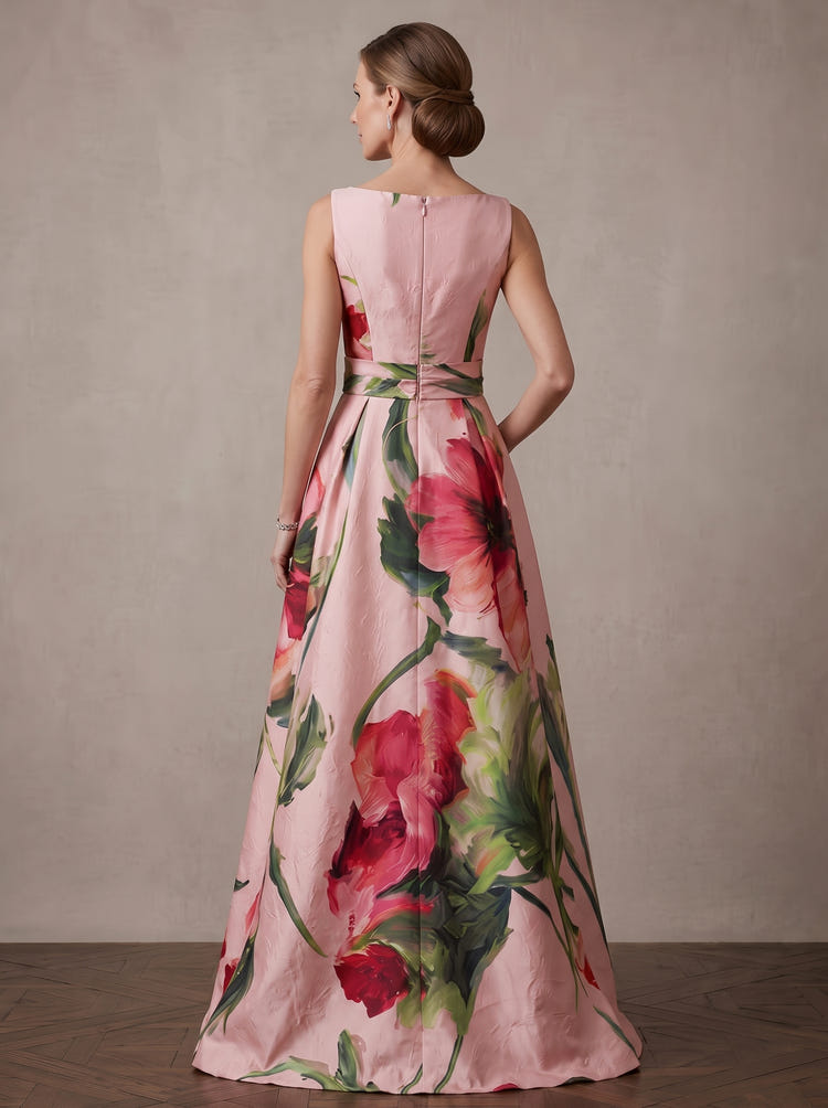 Satin A-Line Boat Neck Maxi Mother of the Bride Dresses with Floral Print