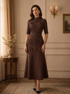 Jersey A-Line High Neck Midi Mother of the Bride Dresses with 3D Flowers