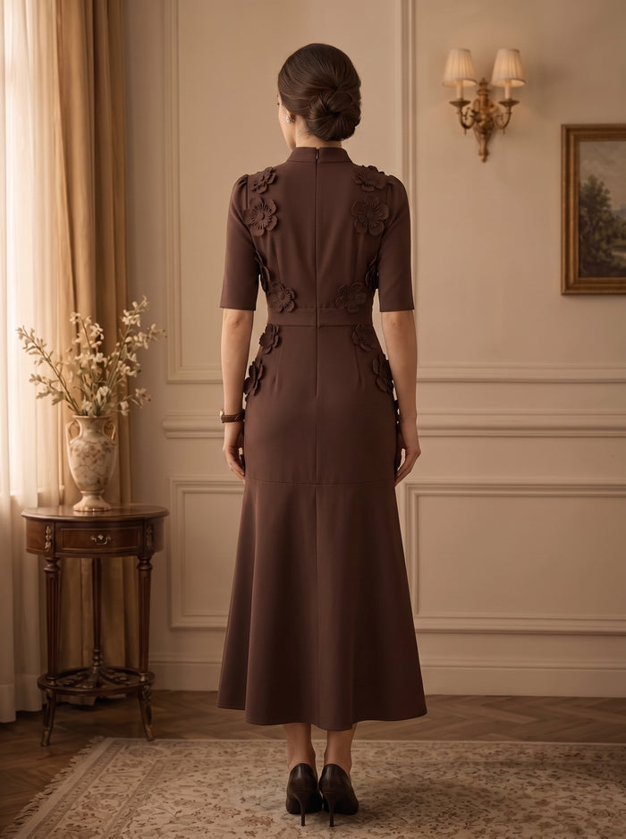 Jersey A-Line High Neck Midi Mother of the Bride Dresses with 3D Flowers