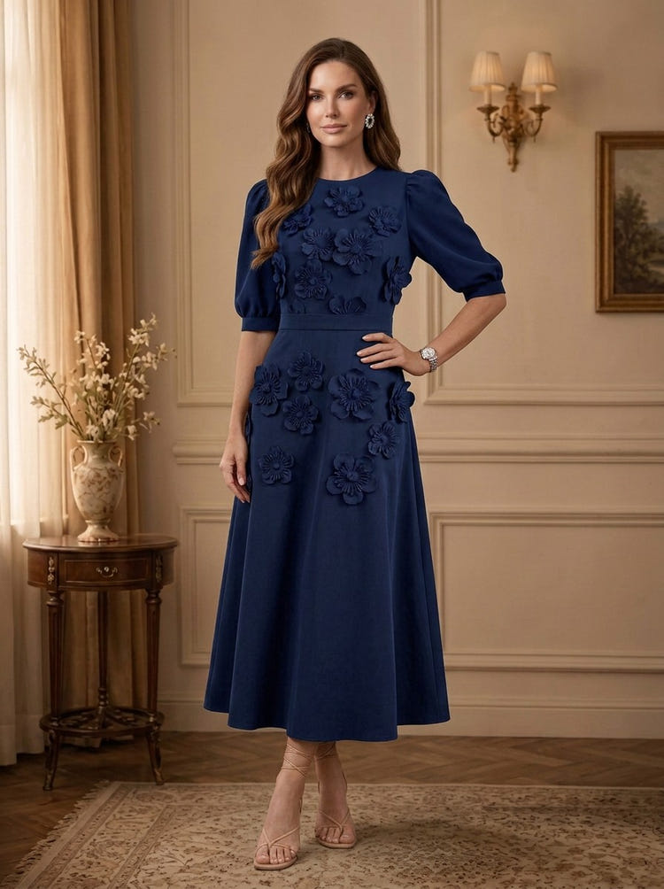 Jersey A-Line Crew Neck Midi Mother of the Bride Dresses with 3D Flowers