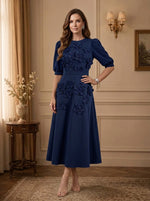 Jersey A-Line Crew Neck Midi Mother of the Bride Dresses with 3D Flowers