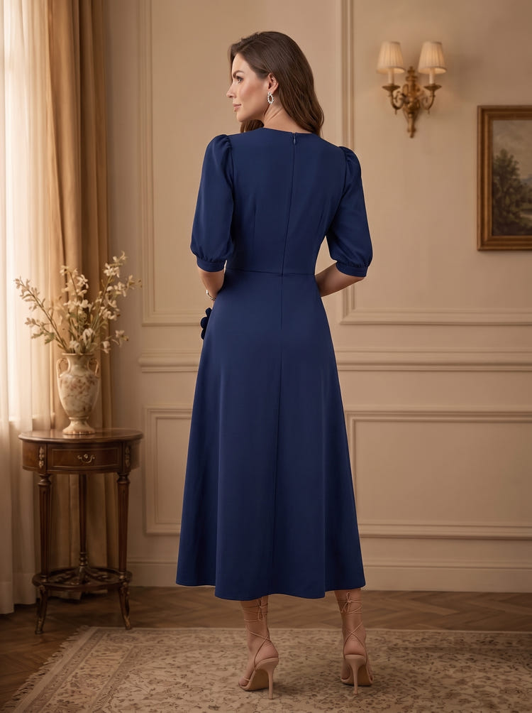 Jersey A-Line Crew Neck Midi Mother of the Bride Dresses with 3D Flowers