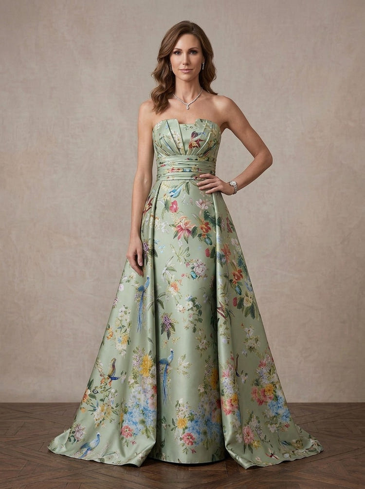 Satin A-Line Strapless Maxi Mother of the Bride Dresses with Floral Print