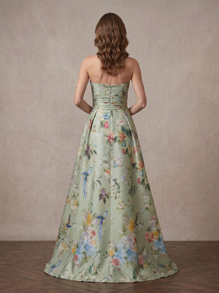 Satin A-Line Strapless Maxi Mother of the Bride Dresses with Floral Print