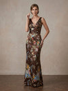 Satin Sheath V Neck Maxi Mother of the Bride Dresses with Floral Print