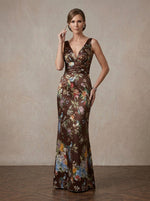 Satin Sheath V Neck Maxi Mother of the Bride Dresses with Floral Print