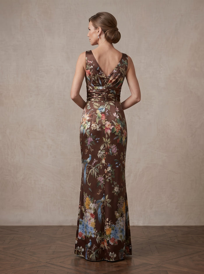 Satin Sheath V Neck Maxi Mother of the Bride Dresses with Floral Print