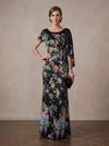 Satin Sheath Crew Neck Maxi Mother of the Bride Dresses with Floral Print