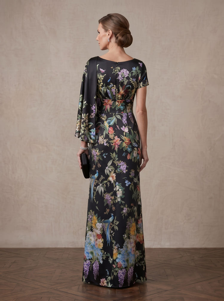 Satin Sheath Crew Neck Maxi Mother of the Bride Dresses with Floral Print